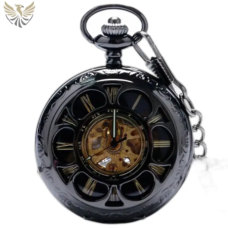 Montre à gousset Demi Chasseur Mécanique Chic avec chaîne et cadran noir élégant
