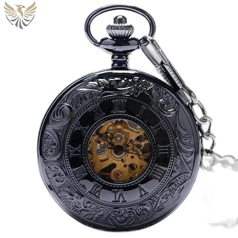 Montre à gousset Double Demi Chasseur Noire avec un cadran noir élégant