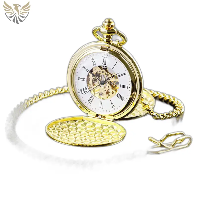Montre à gousset mécanique double chasseur homme dorée avec chaîne élégante