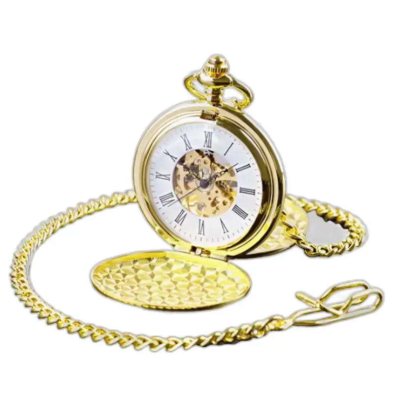 Montre à gousset mécanique double chasseur homme en or avec chaîne élégante