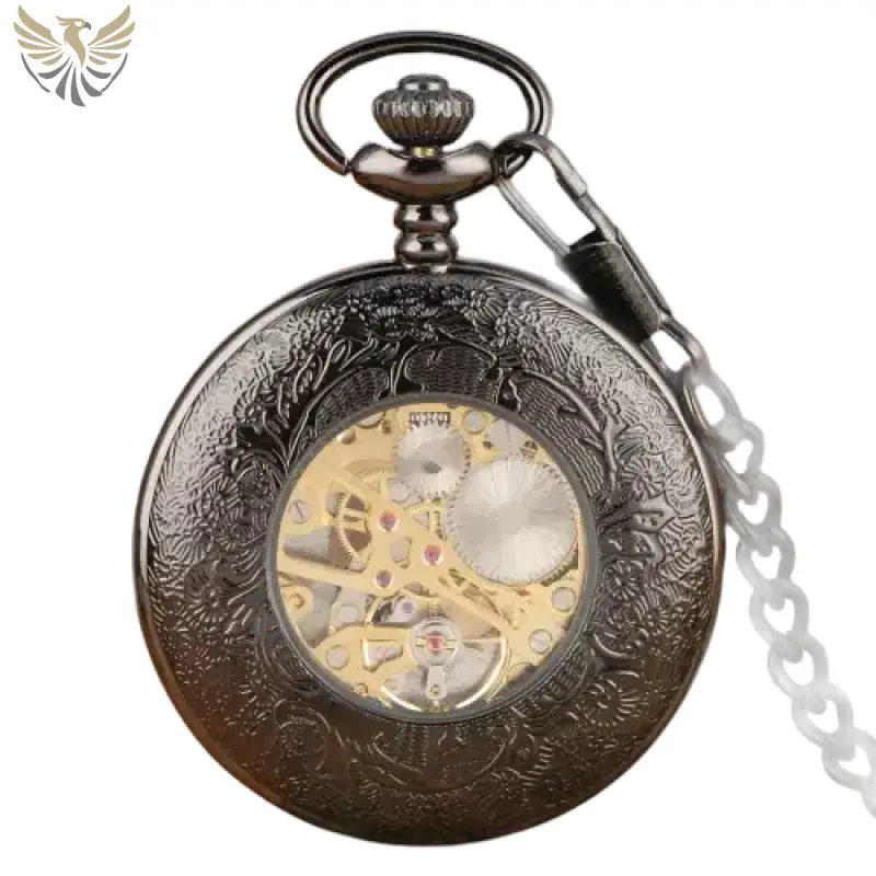 Montre à Gousset Mécanique Gold Tentation avec engrenages visibles et chaîne en noir