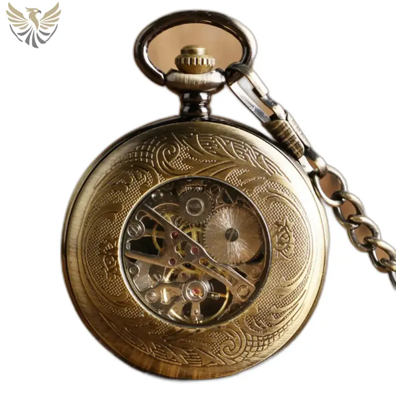 Montre à gousset mécanique luxe en bronze avec des engrenages visibles, style vintage