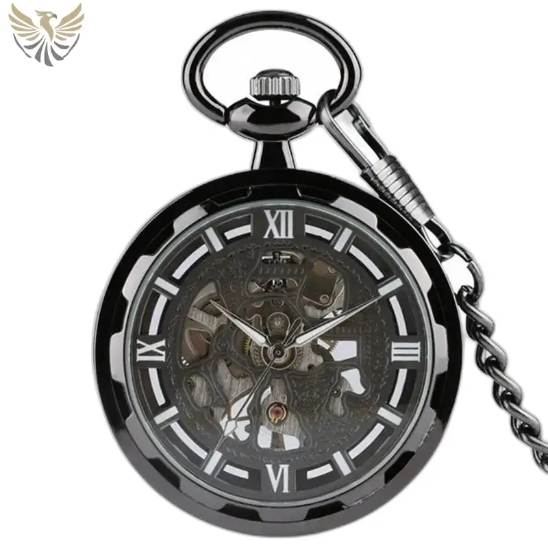 Montre à gousset squelette chic mécanique avec chaîne et design noir élégant