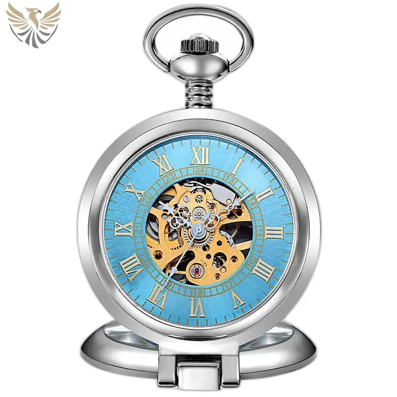 Montre à Gousset Squelette Mécanique Luxe Or avec cadran bleu et design poche antique