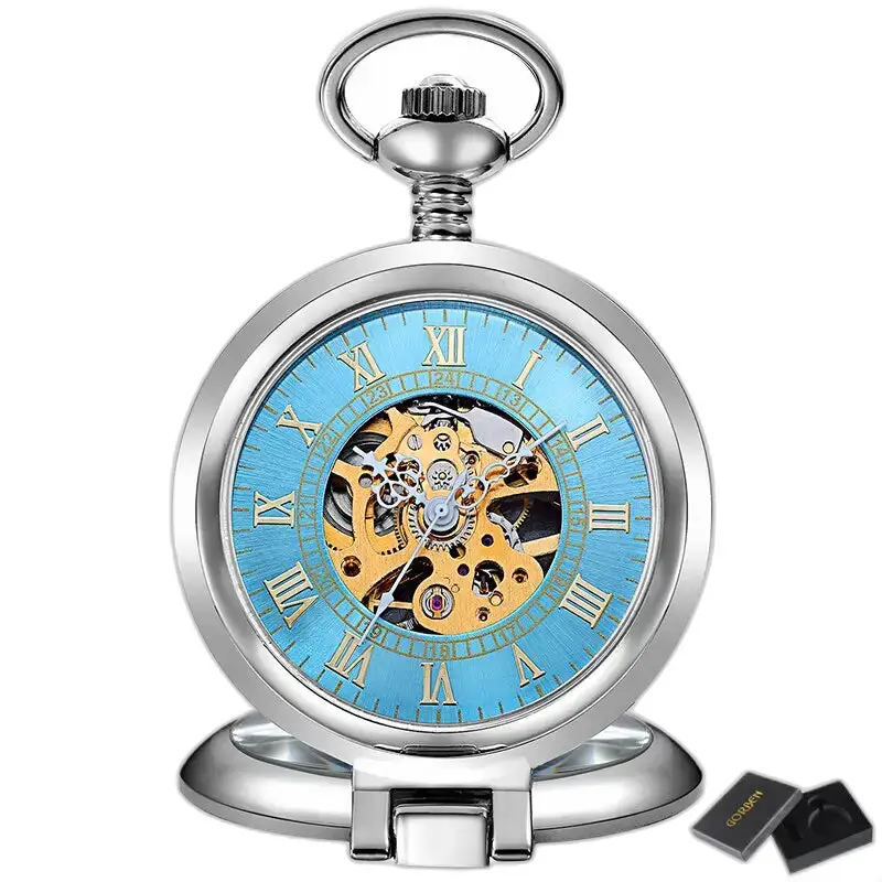 Montre à Gousset Squelette Mécanique Luxe Or avec un cadran bleu et design antique