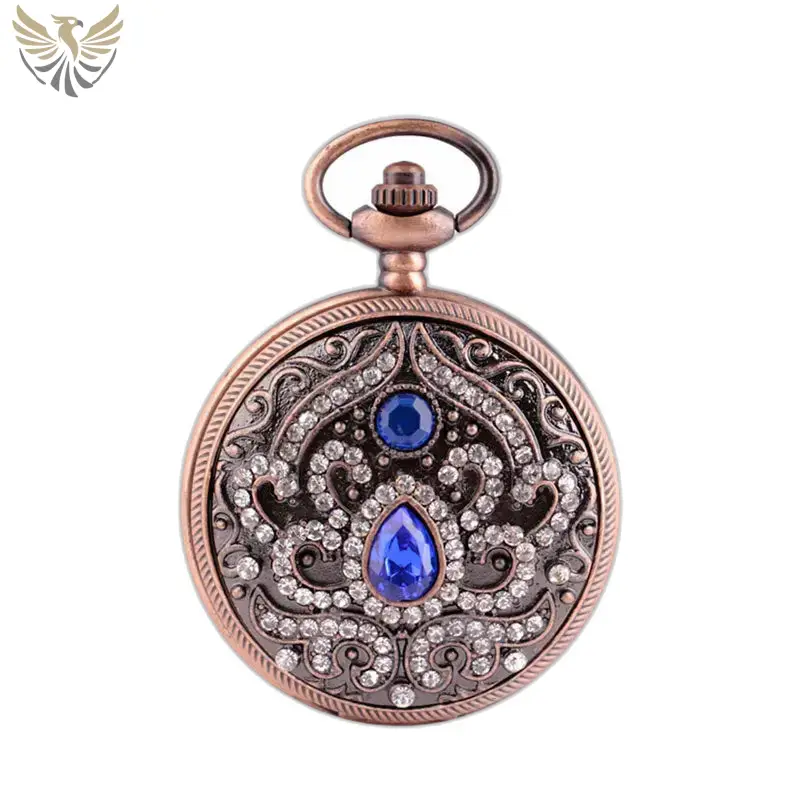 Montre Collier à Quartz ornée de pierres précieuses bleues et claires en bronze