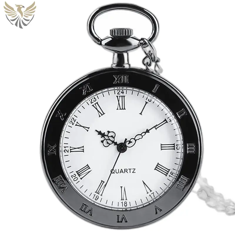 Montre Collier Classique Vintage Noir Femme Homme avec montre pocket argentée élégante