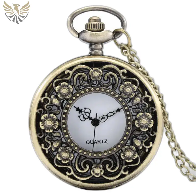 Montre Collier Rétro Fleur Vintage en bronze ornée avec chaîne élégante