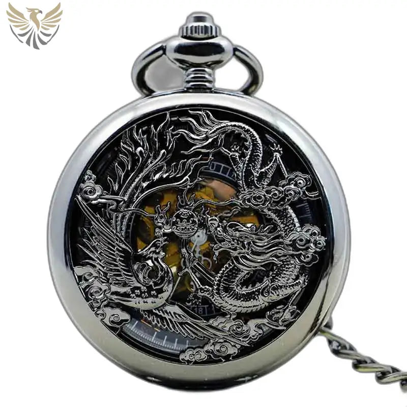 Montre de Poche à Gousset Steampunk Erbium Luxe avec design dragon et phoenix en argent