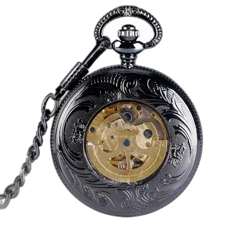 Zegarek kieszonkowy Steampunk z rodowanym klinem i ozdobnym wzorem w kolorze czarnym