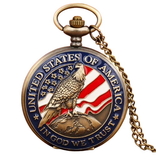 Montre à Gousset Quartz Collier Vintage Homme, motif United States of America aigle et drapeau, bronze