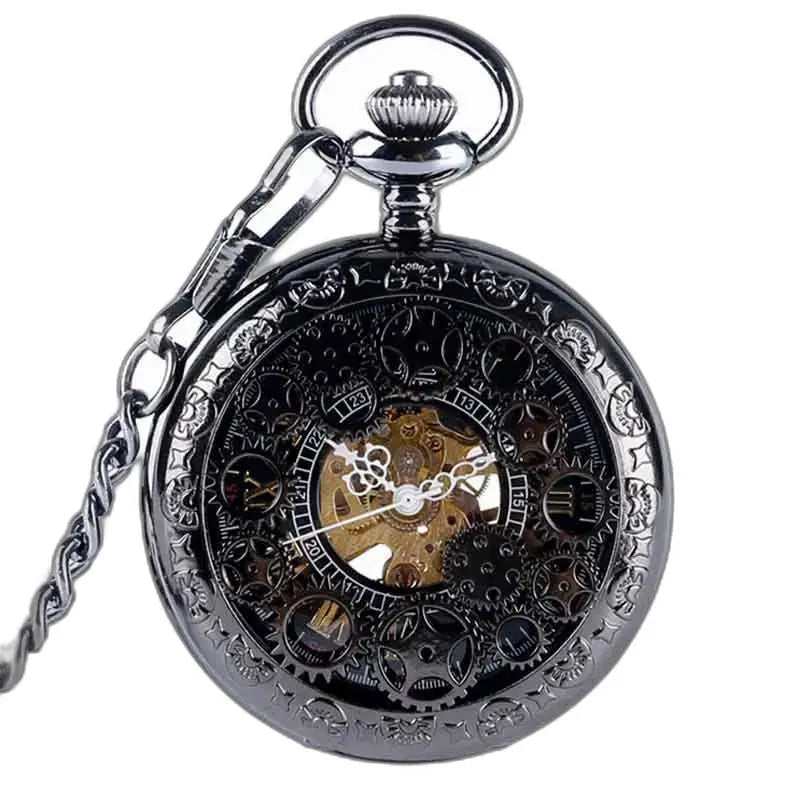 Steampunkowy zegarek kieszonkowy z widocznym mechanizmem i eleganckim czarnym łańcuszkiem