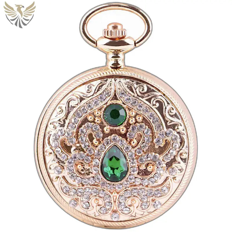 Montre de poche gousset pierre élégante avec gemmes vertes et claires en or