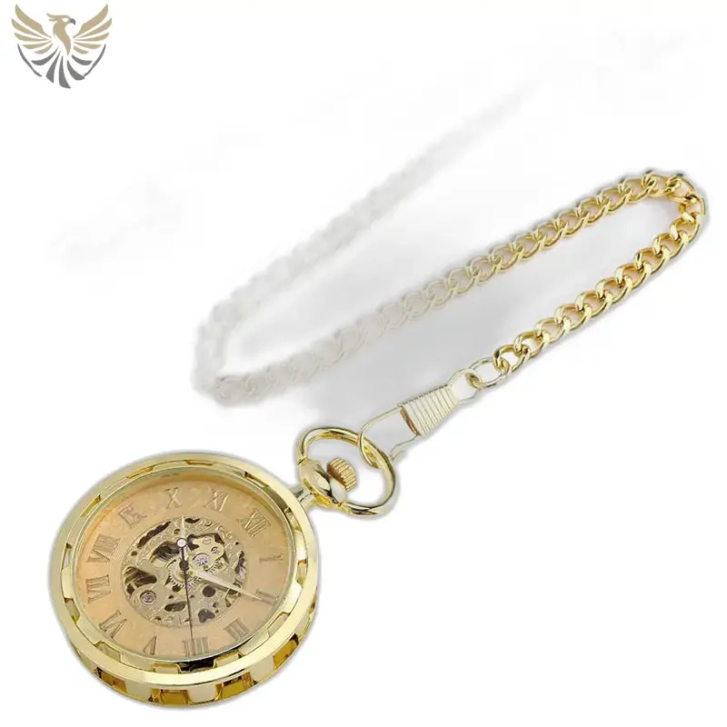 Montre à Gousset Mécanique Golden Skeleton Chic avec chaîne dorée