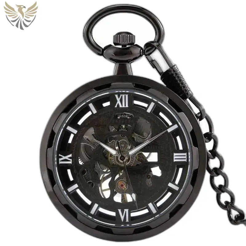 Montre à Gousset Mécanique Golden Skeleton Chic avec boîtier noir et détail squelettique