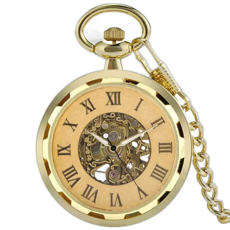 Montre à gousset Mécanique Golden Skeleton Chic avec chiffres romains et finition dorée