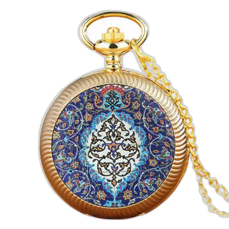 Montre à gousset Vintage Fleur Rouge et Or avec design floral bleu et or