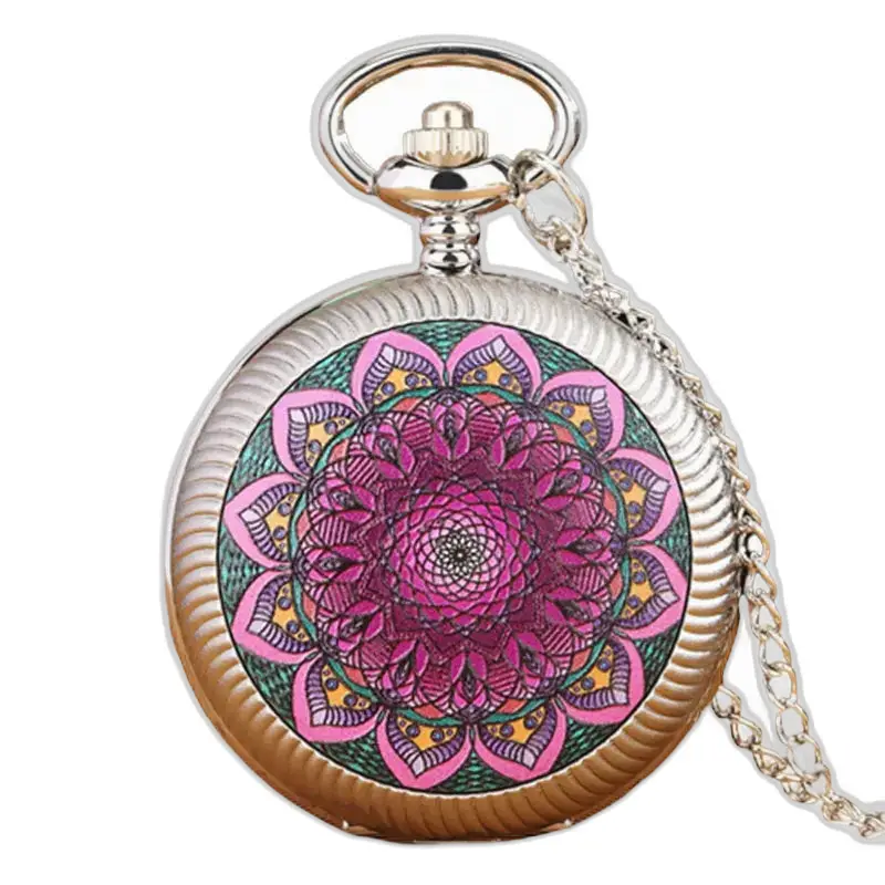 Montre à gousset vintage avec design mandala et motif fleur rouge et or