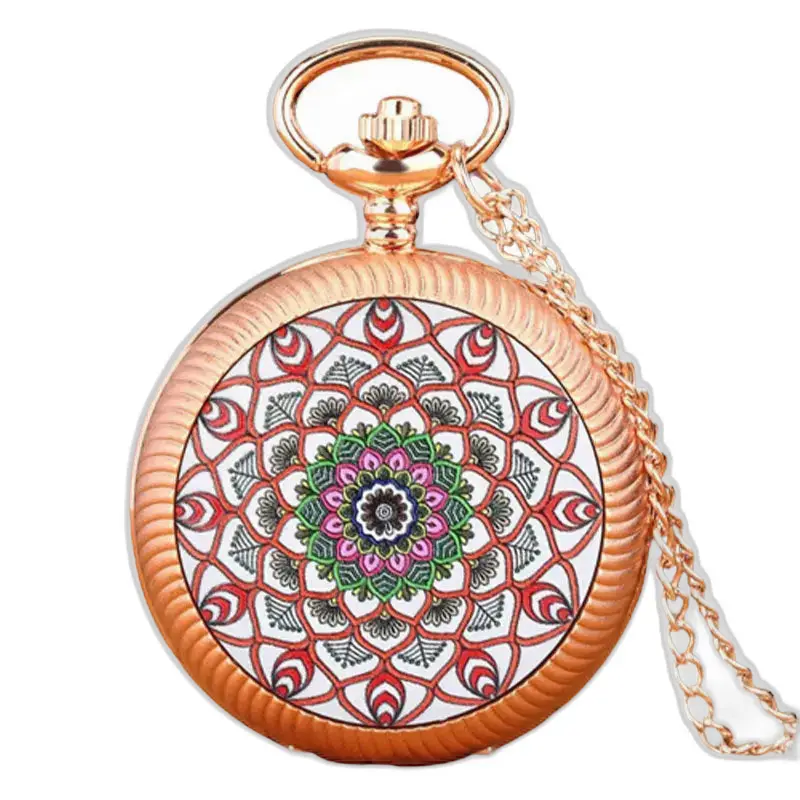 Montre à gousset Vintage Fleur Rouge et Or avec chaîne élégante et design floral