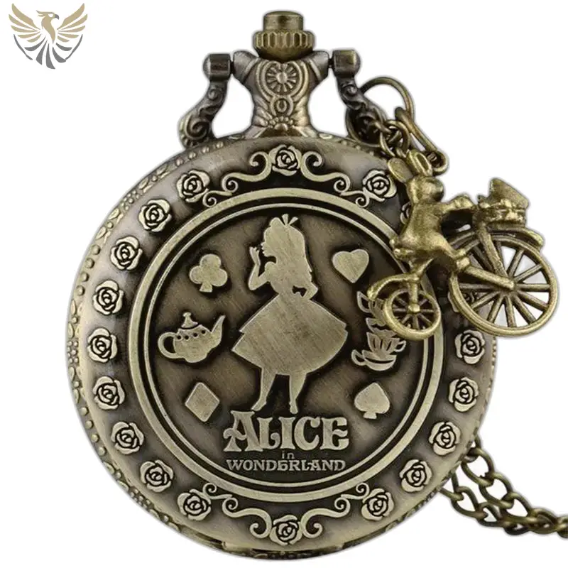 Montre collier Alice Vintage avec montre à gousset et charme de lapin sur vélo