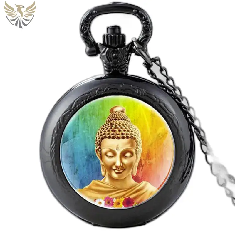 Montre Collier Bouddha Zen Vintage Aquarelle avec image de Bouddha sur fond noir