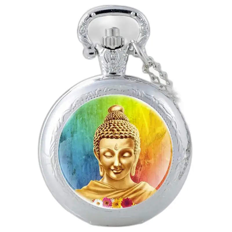 Montre collier Bouddha Zen Vintage Aquarelle avec image de Bouddha en argent