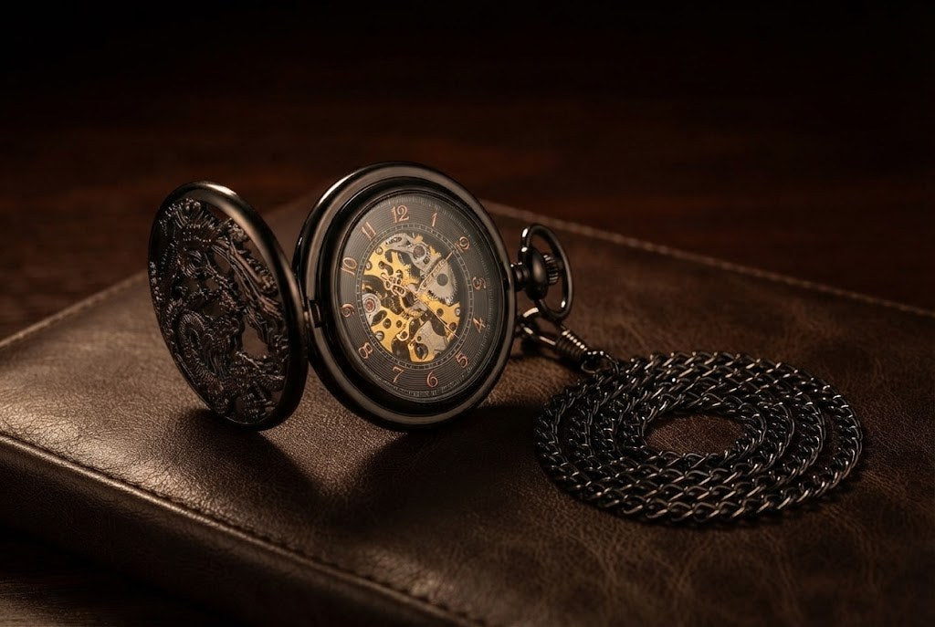 Montre à Gousset Mécanique Chasseur Gravée Homme - Noir cuivré, mouvement mécanique