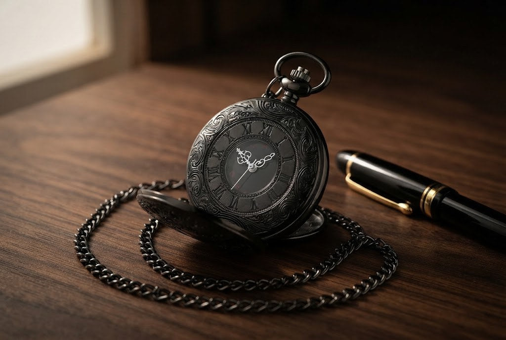 Montre à Gousset Quartz Demi-chasseur Homme - Noir gravé, aiguilles ouvragées