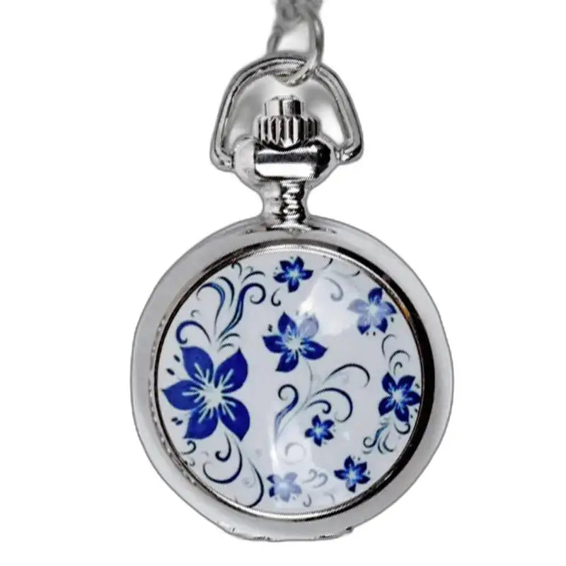 Montre Pendentif Céramique Chic Femme avec fleurs bleues et mouvement à quartz